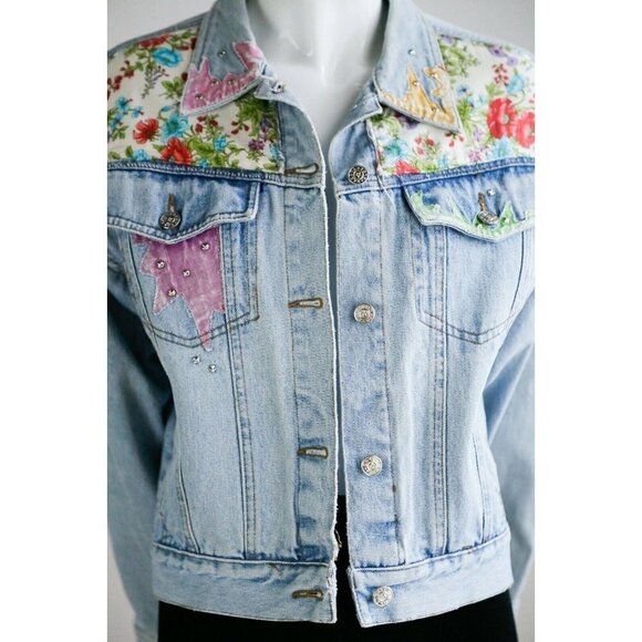 Vintage Oakoa Blue Patchwork Colourful  Light Wash Denim Cropped Jacket - Picture 3 of 8